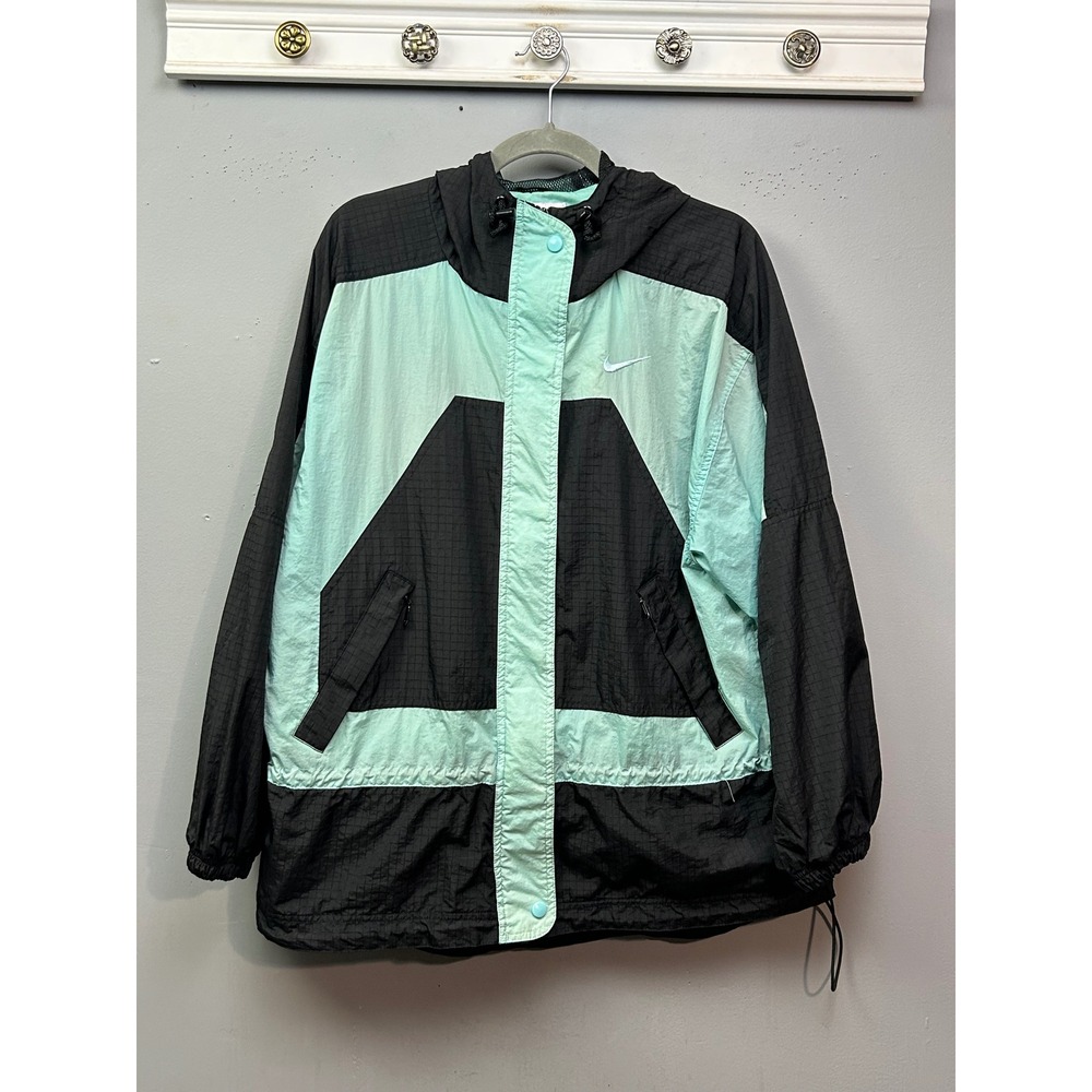 Nike Windbreaker Jacket Womens Medium Colorblock‎ Mint Black Hooded Ripstop 90's